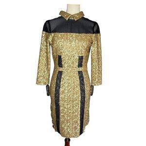 Jinhoy Gold Line Bodycon Sequin Navy Mesh Strap Dress XS